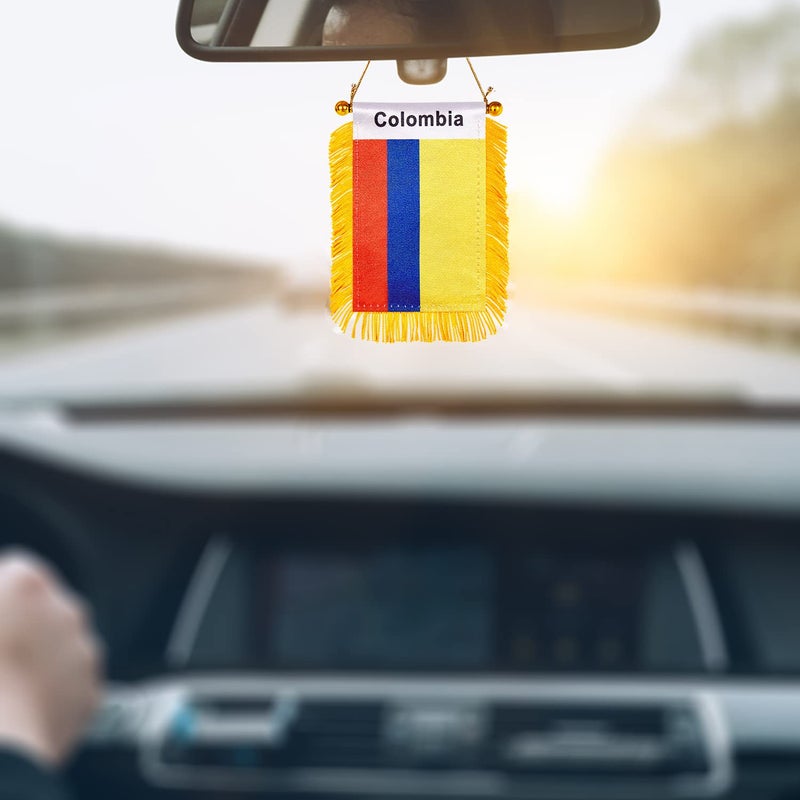WXTWK 3 X 5 Inch Colombia Flag Colombian Window Hanging Flag Small Mini Car Flags Banners Rearview Mirror Decoration With Suction Cup Golden Fringy Banner - Image 4