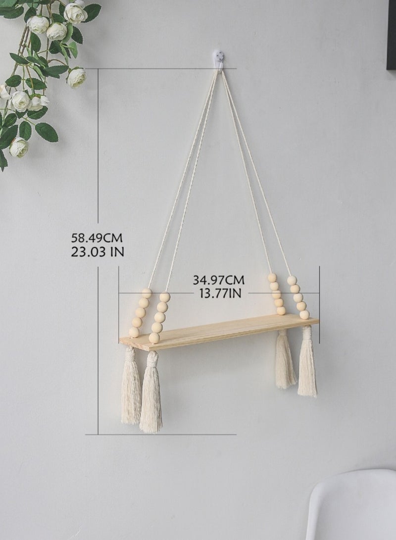 سوكاني رف حائط معلق من الخشب البوهيمي مع خرز خشبي، رف معلق عائم ريفي للنباتات في الغرفة مناسب لغرفة النوم وغرفة المعيشة وديكور المنزل - Image 2