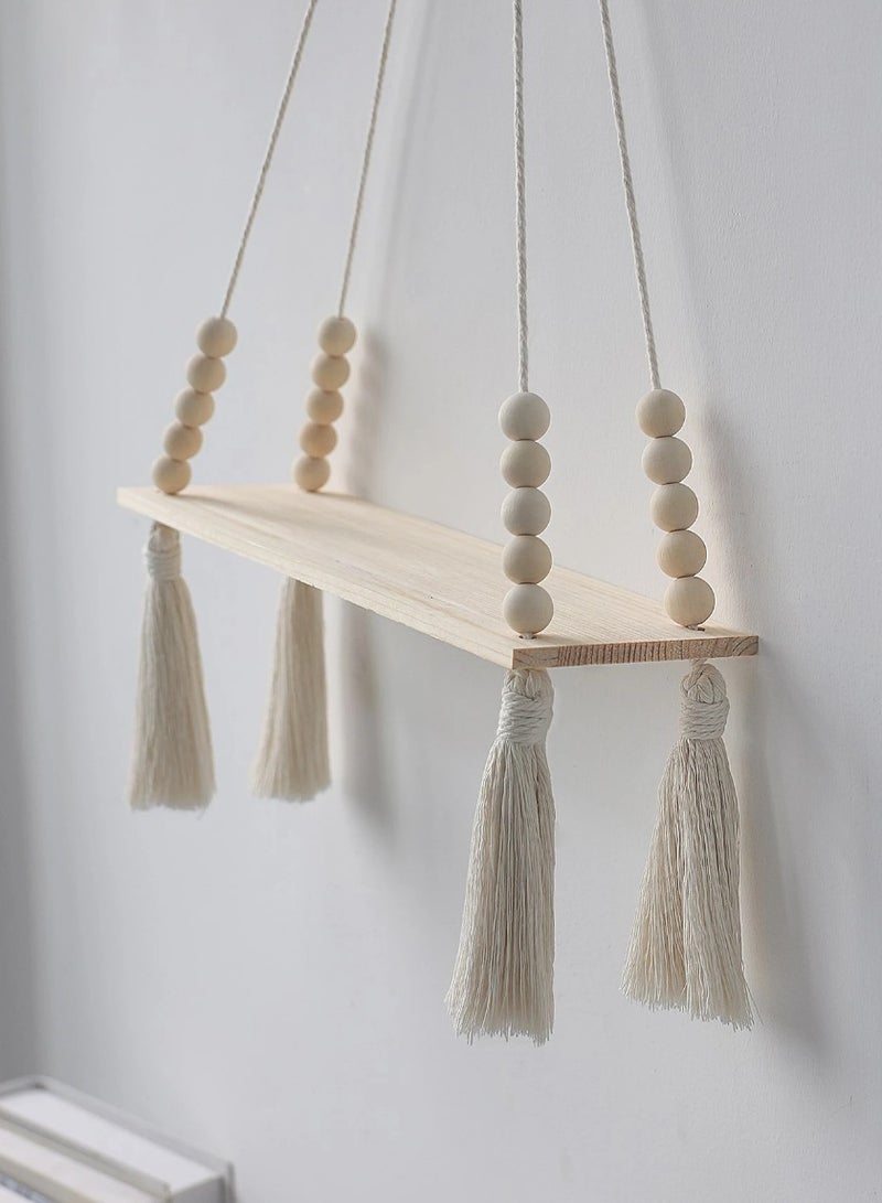 سوكاني رف حائط معلق من الخشب البوهيمي مع خرز خشبي، رف معلق عائم ريفي للنباتات في الغرفة مناسب لغرفة النوم وغرفة المعيشة وديكور المنزل - Image 4