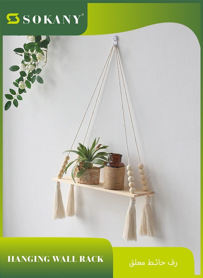 سوكاني رف حائط معلق من الخشب البوهيمي مع خرز خشبي، رف معلق عائم ريفي للنباتات في الغرفة مناسب لغرفة النوم وغرفة المعيشة وديكور المنزل - Image 1