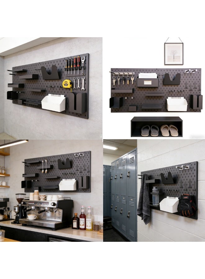 Wall Mounted Steel Pegboard Organizer 120 x 60 cm, Modular Storage Board with Shelves, Hooks & Bins, Adjustable Multi-Purpose Wall Organizer for Kitchen, Office, Garage & Bedroom – Black - Image 3