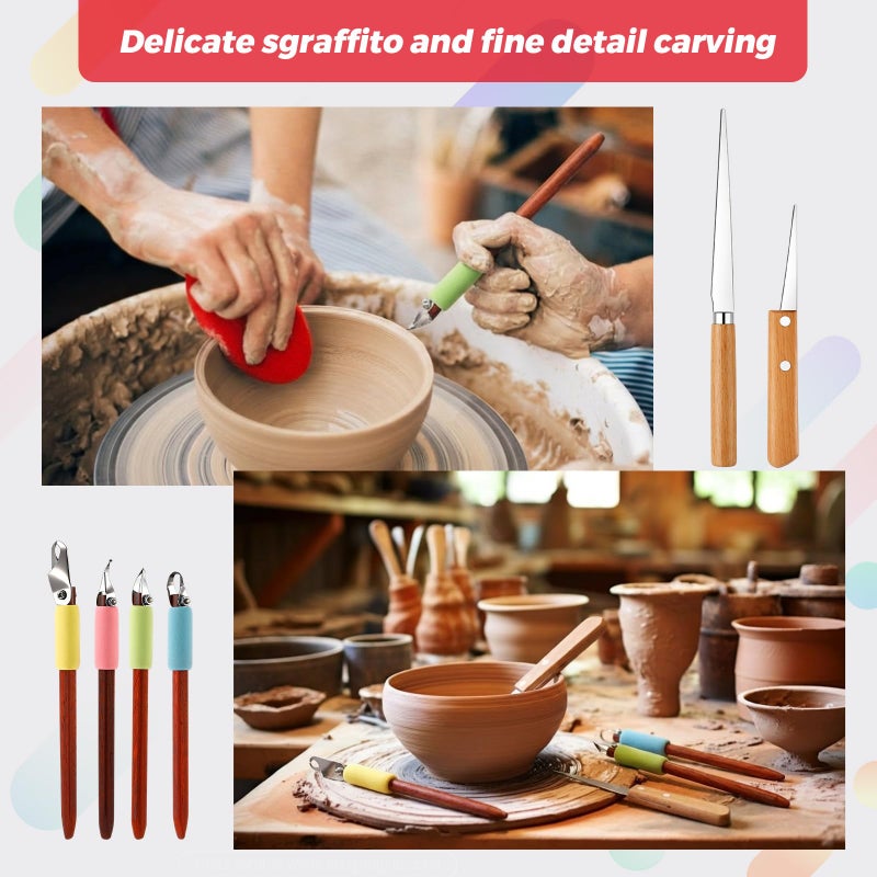 Leriton 4 Pack Pottery Carving Tool Set 5.9inch Sculpture Carving Scraper Tool Pottery Modelling Shape for Tea Cup Mug Vase Leather Hard Clay Cutters with Wooden Handle for Ceramic Sculpture Craft - Image 5
