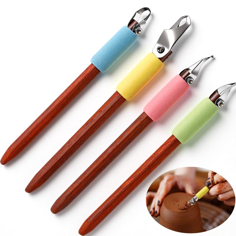 Leriton 4 Pack Pottery Carving Tool Set 5.9inch Sculpture Carving Scraper Tool Pottery Modelling Shape for Tea Cup Mug Vase Leather Hard Clay Cutters with Wooden Handle for Ceramic Sculpture Craft - Image 1