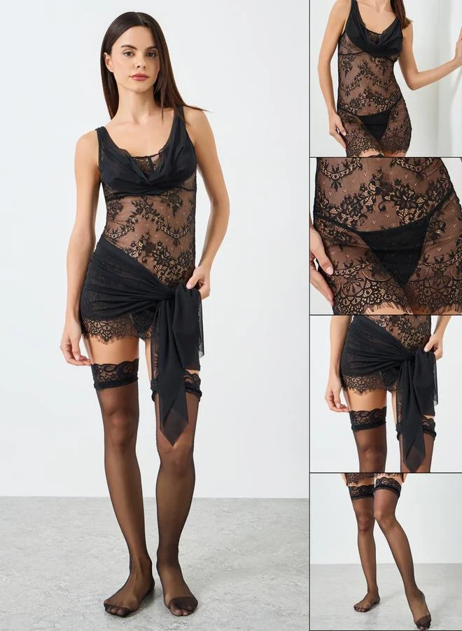 Take Two Women All Lace Wireless Babydoll with Thong and Stockings with Belt Set