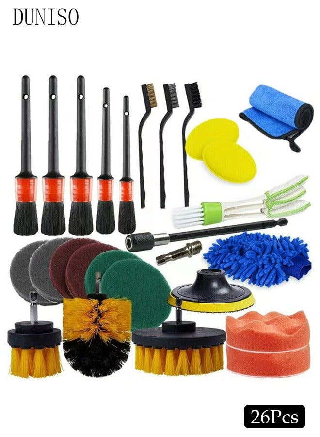 DUNISO 26 Pieces Drill Brush Attachment Set, Wash Mitt Sponge Towels Tire Brush Duster Complete Interior Car Care Kit Drill Cleaning Brush for Wheel Brush for Bathroom, Floor, Bathtub, Car - Image 1