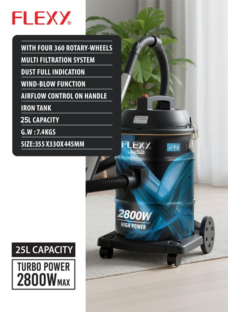 Flexy Powerful Vacuum Cleaner: 360° Rotary Wheels, Multi-Filtration System, Dust Full Indicator, Wind-Blow Function, 25L Iron Tank, 2800W, Low Noise, 2-Year Warranty Included. - Image 4