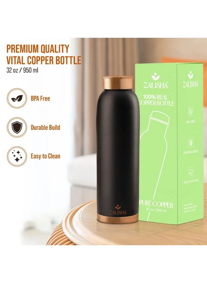 Zalisha ZALISHA® 100% Pure Copper Premium Water Bottle 950 ml | Matte Finish Copper Bottle with Leak-Resistant Cap | Suitable for Home, Office & Travel (Matte Black)