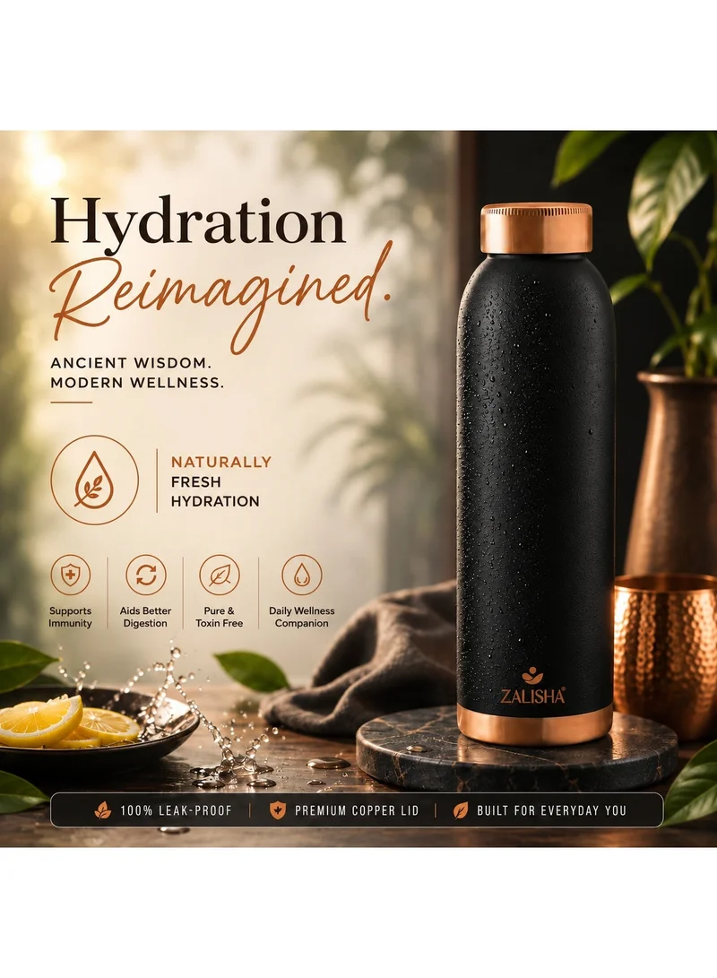 Zalisha ZALISHA® 100% Pure Copper Premium Water Bottle 950 ml | Matte Finish Copper Bottle with Leak-Resistant Cap | Suitable for Home, Office & Travel (Matte Black)
