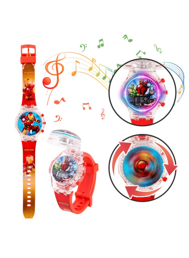 Ultraman Rotating Gyro Children's Music Luminous Watch Primary School Student Cartoon Flip Electronic Watch Baby Gift-Color:Iron Man - Image 1