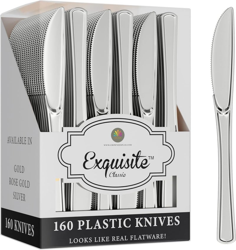 Exquisite Silver Plastic Knives Heavy Duty 160 Pcs Silver Plastic Silverware Heavy Duty Disposable Silverware Set | Disposable Knives Eating Utensils Sets Flatware Set For Parties & Events - Image 1