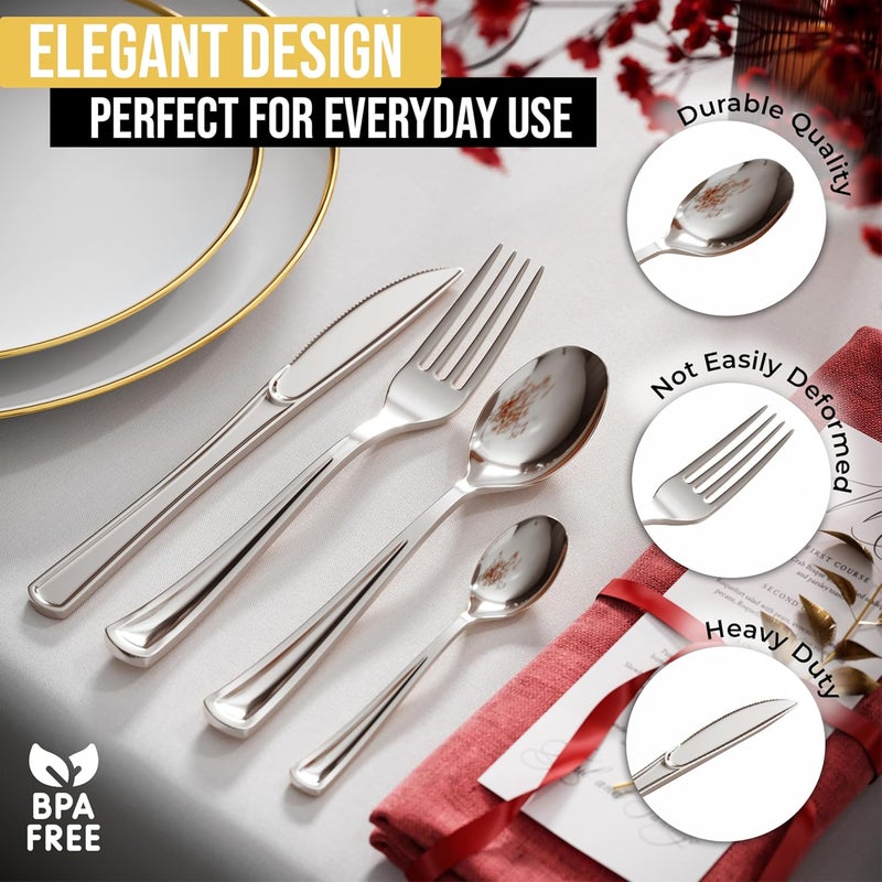 Exquisite Silver Plastic Knives Heavy Duty 160 Pcs Silver Plastic Silverware Heavy Duty Disposable Silverware Set | Disposable Knives Eating Utensils Sets Flatware Set For Parties & Events - Image 5