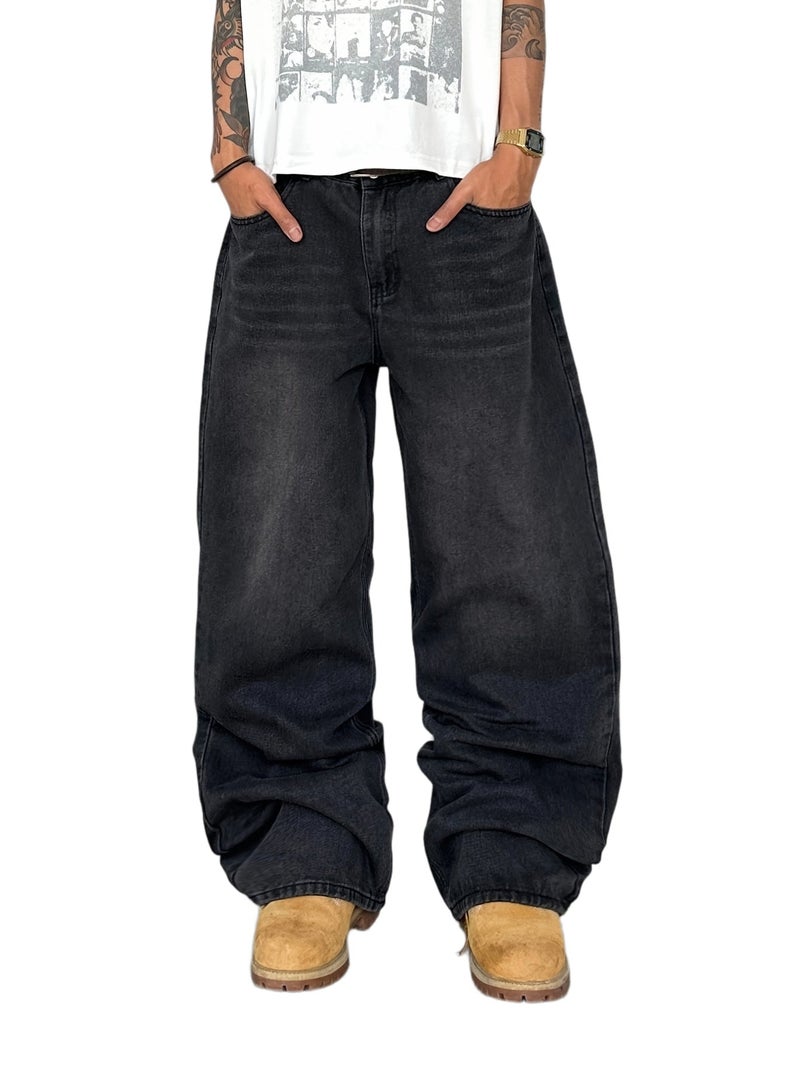A Pair of American-Style Loose-Fitting Denim Pants, Featuring a Vintage Distressed Wash, Fashionable And Versatile Black Wide-Leg Trousers, Suitable for Both Men And Women () - Image 1