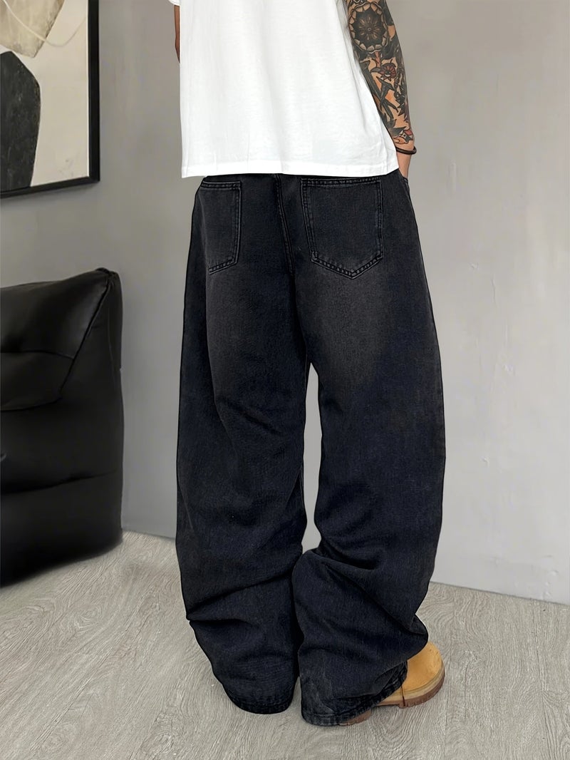 A Pair of American-Style Loose-Fitting Denim Pants, Featuring a Vintage Distressed Wash, Fashionable And Versatile Black Wide-Leg Trousers, Suitable for Both Men And Women () - Image 5
