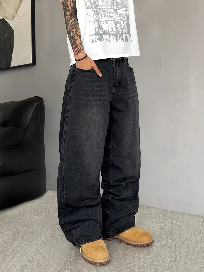 A Pair of American-Style Loose-Fitting Denim Pants, Featuring a Vintage Distressed Wash, Fashionable And Versatile Black Wide-Leg Trousers, Suitable for Both Men And Women () - Image 2