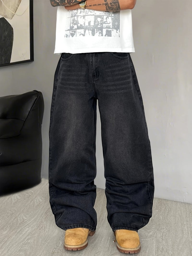A Pair of American-Style Loose-Fitting Denim Pants, Featuring a Vintage Distressed Wash, Fashionable And Versatile Black Wide-Leg Trousers, Suitable for Both Men And Women () - Image 4
