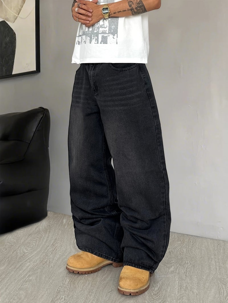 A Pair of American-Style Loose-Fitting Denim Pants, Featuring a Vintage Distressed Wash, Fashionable And Versatile Black Wide-Leg Trousers, Suitable for Both Men And Women () - Image 3