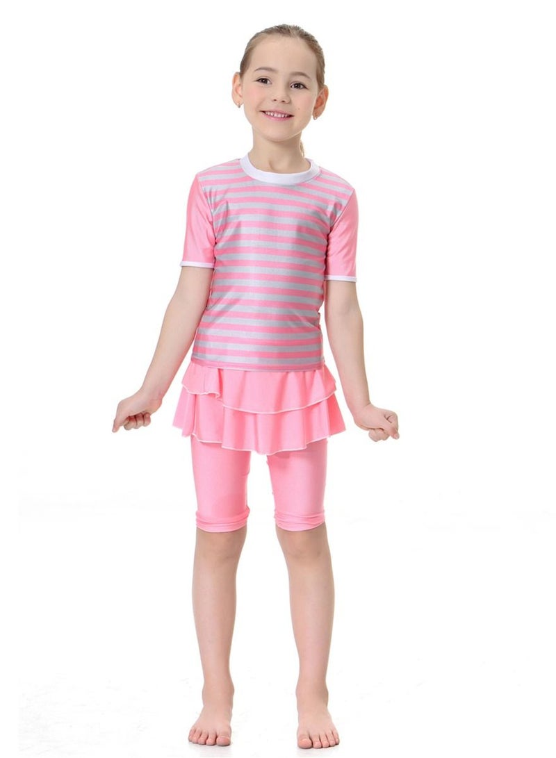 Loquat Girl's Two-Piece Swimwear Set Conservative Split Skirt Style Swimsuit Set Pink  - Image 1