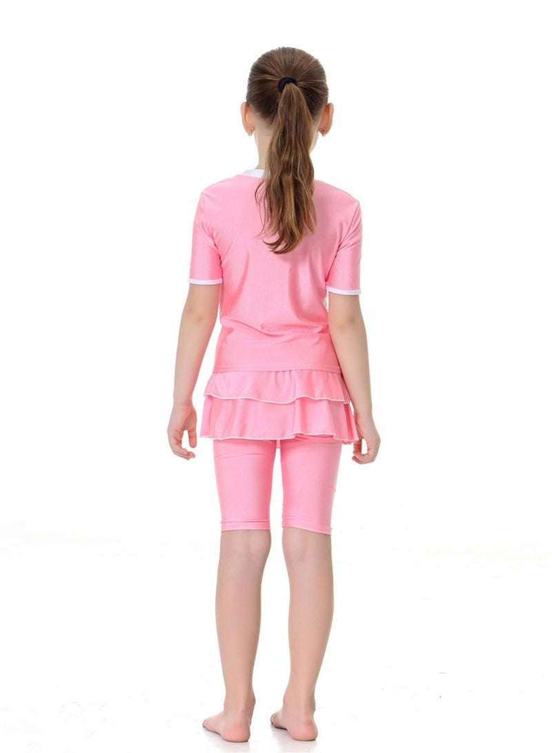 Loquat Girl's Two-Piece Swimwear Set Conservative Split Skirt Style Swimsuit Set Pink  - Image 2