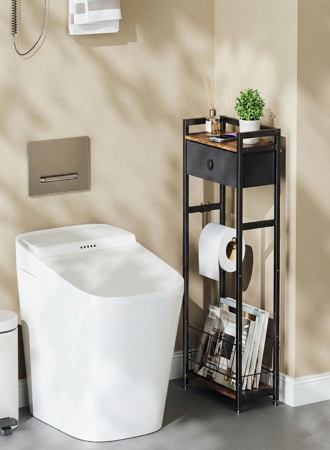RoleDes Freestanding Toilet Paper Holder Stand with Storage Drawer, Narrow Bathroom Shelf, Spare Roll Basket, 4-Way Install Paper Arm, Space-Saving Rack for Apartments & RVs (Brown) - Image 2