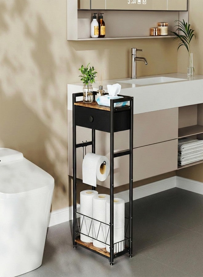 RoleDes Freestanding Toilet Paper Holder Stand with Storage Drawer, Narrow Bathroom Shelf, Spare Roll Basket, 4-Way Install Paper Arm, Space-Saving Rack for Apartments & RVs (Brown) - Image 4