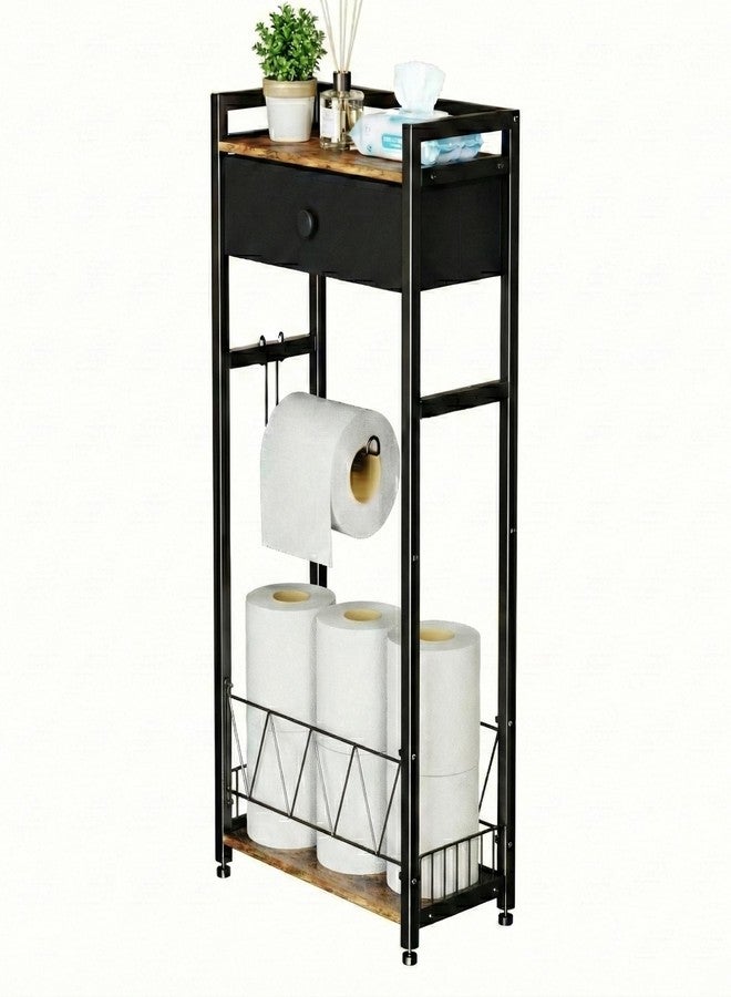 RoleDes Freestanding Toilet Paper Holder Stand with Storage Drawer, Narrow Bathroom Shelf, Spare Roll Basket, 4-Way Install Paper Arm, Space-Saving Rack for Apartments & RVs (Brown) - Image 1