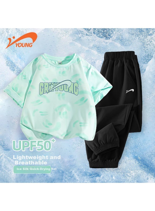 Guess Kids Girls' Summer Set Children's Quick-drying Sports Clothes Big Kids Ice Silk Short-sleeved T-shirt Boys' Breathable Summer Outfit