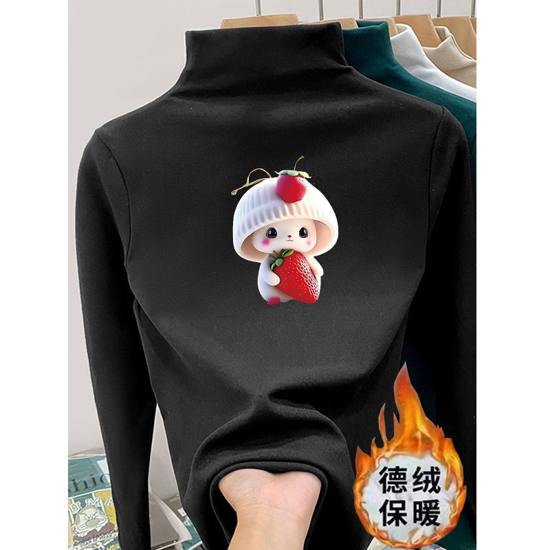 Children's Velvet Semi-high Collar T-shirt New All-match Spring and Autumn Girls Cartoon Printed Children's Long-sleeved T-shirt Trendy Base Shirt - Image 1