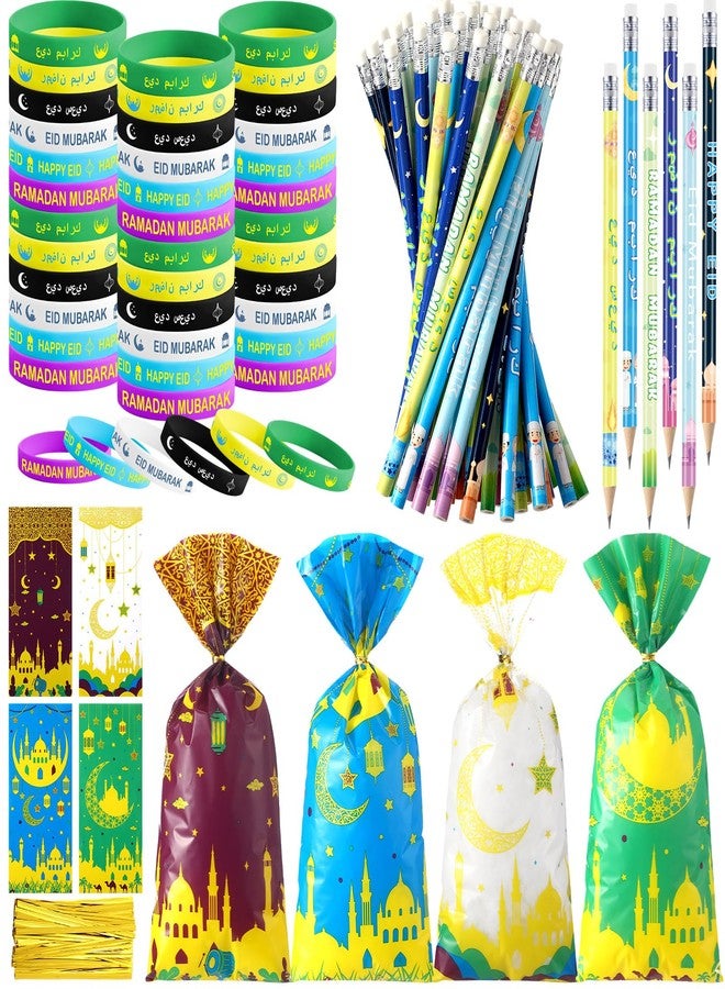 Mooliwe 144 Pcs Ramadan Mubarak Party Favor Gifts Bulk 48 Eid Ramadan Muslim Pencils 48 Mubarak Wristbands 48 Cellophane Gift Bag for Party Decorations Supplies(Chic Style) - Image 1