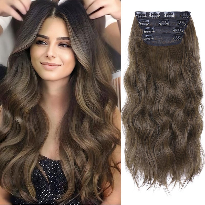 AliLeader 20 Inches Dark Brown Clip in Hair Extensions, 4Pcs Synthetic Curly Wavy Hair Pieces for Women, Natural Thick (Dark Brown) - Image 1