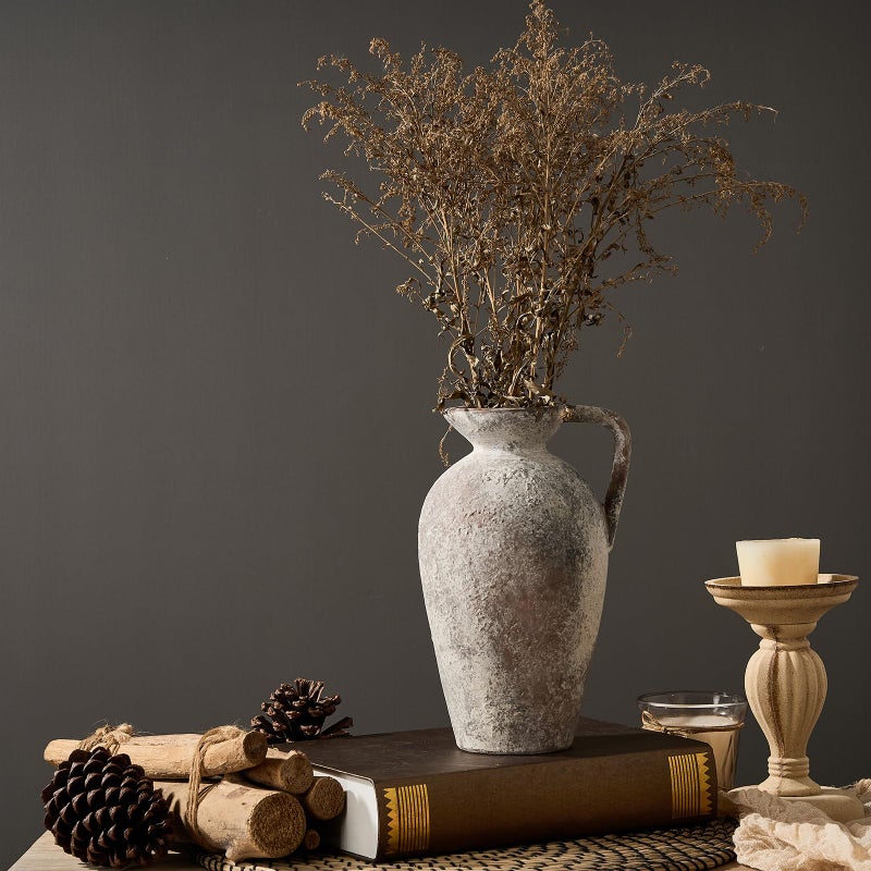 LUKA Ceramic Rustic Farmhouse Vase 9.25 inch Terracotta Vase with Handle Neutral Tall Clay Vases Decorative Vase for Living Room Table Shelf Decor(Brown L) - Image 5