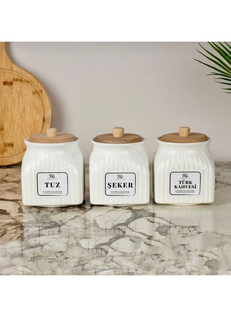 Kitchen Pembelia 3-Piece Porcelain 500 ml Storage Container Spice Salt Sugar Turkish Coffee Storage Jar  - Image 1
