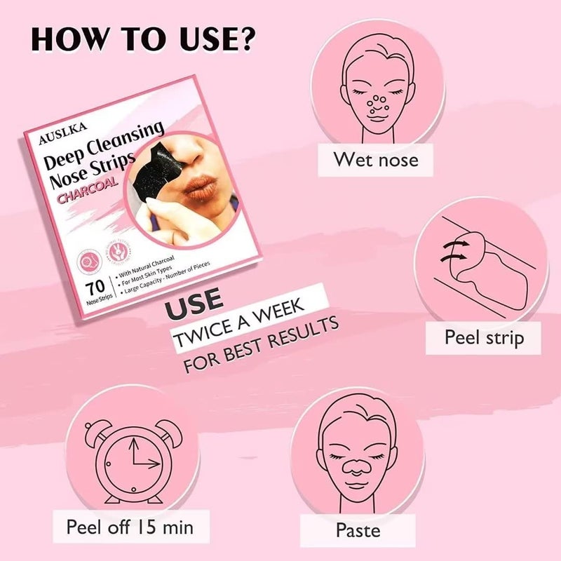 AUSLKA Blackhead Pore Strips,(70 Counts) Blackhead Remover-Deep Cleansing Charcoal Strips - Black Head Nose Strips -Black Head Remover - Image 2