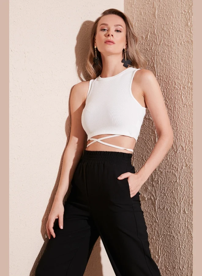 Lela Lela Ribbed Cross-Lacing Detailed Crop Tank Top Women's Tank Top 5865586