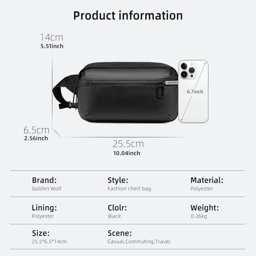 Golden Wolf Chest Bag for Men 2L Sling Bag for Mobile Phone Passport Crossbody Bags Sleek Side Bag Water-Resistant Fanny Pack for Office Casual Daily Use - Image 4