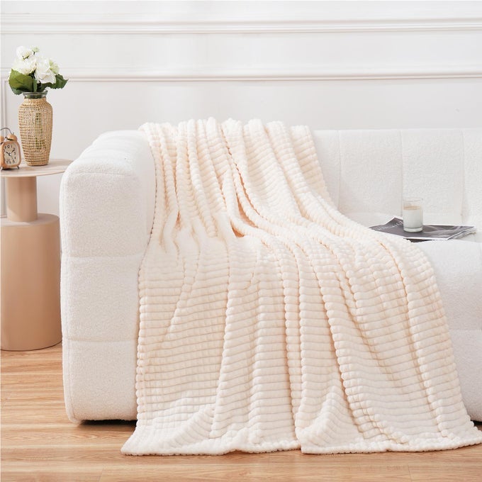 FLANNEL FLEECE THROW BLANKET CREAM WHITE 5060SUPER SOFT PLUSH COZY BLANKET WITH 3D JACQUARD SQUARE GRID DESIGN LUXURY FOR COUCH SOFA CHAIR