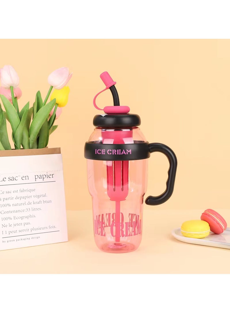 Exotic Large Capacity 1300ml Water Bottle with Straw and Handle Portable Stylish Cold Resistant Heat Resistant Leak Proof BPA Free - For Adults Students Office Car Outdoor - (Color: Dark Pink) - Image 1