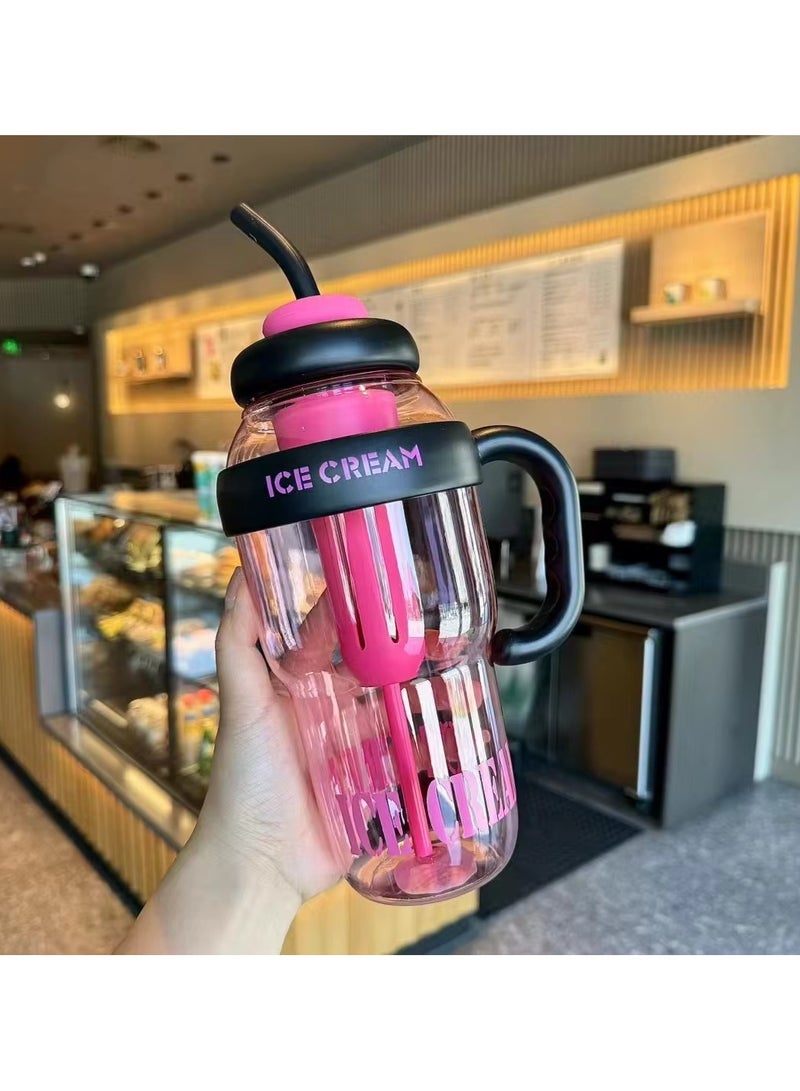 Exotic Large Capacity 1300ml Water Bottle with Straw and Handle Portable Stylish Cold Resistant Heat Resistant Leak Proof BPA Free - For Adults Students Office Car Outdoor - (Color: Dark Pink) - Image 2