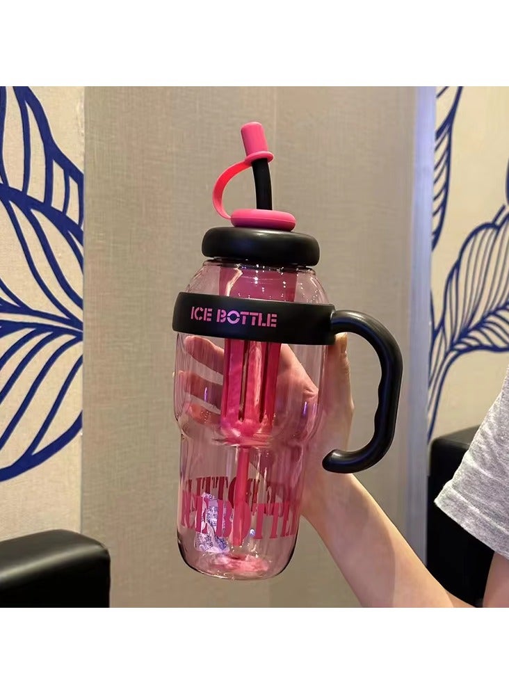 Exotic Large Capacity 1300ml Water Bottle with Straw and Handle Portable Stylish Cold Resistant Heat Resistant Leak Proof BPA Free - For Adults Students Office Car Outdoor - (Color: Dark Pink) - Image 3