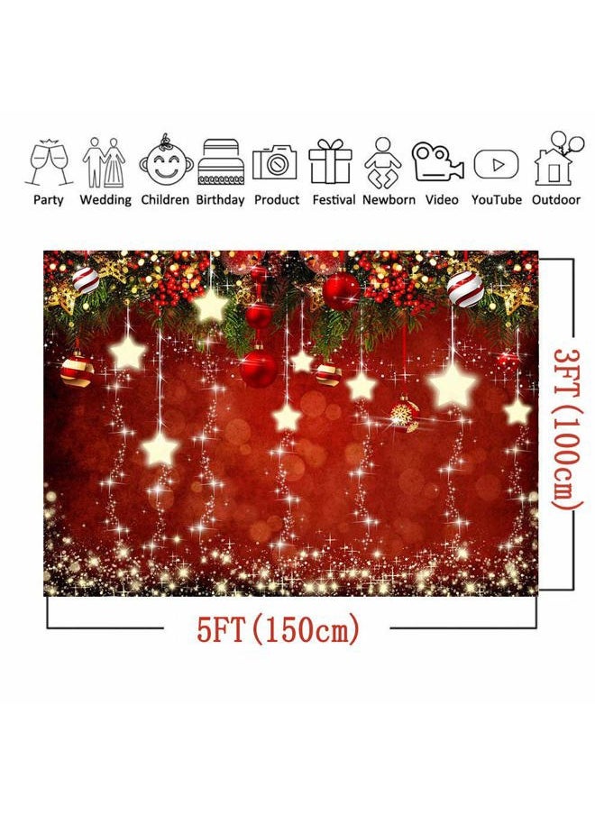 Qian Red Christmas Theme Sparkling Photography Backdrops Snowflake Xmas Ball 5x3ft Happy New Year Family Party Decoration Photo Star Background Kids Newborn Portrait Photo Booth Studio Props Banner  - Image 5