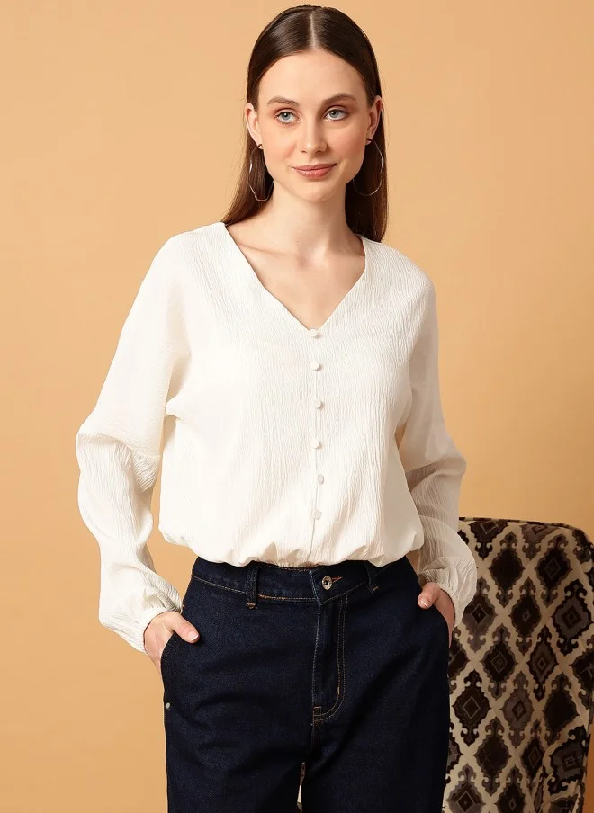 MINT STREET Cream V-Neck Puff Sleeve Top for Women