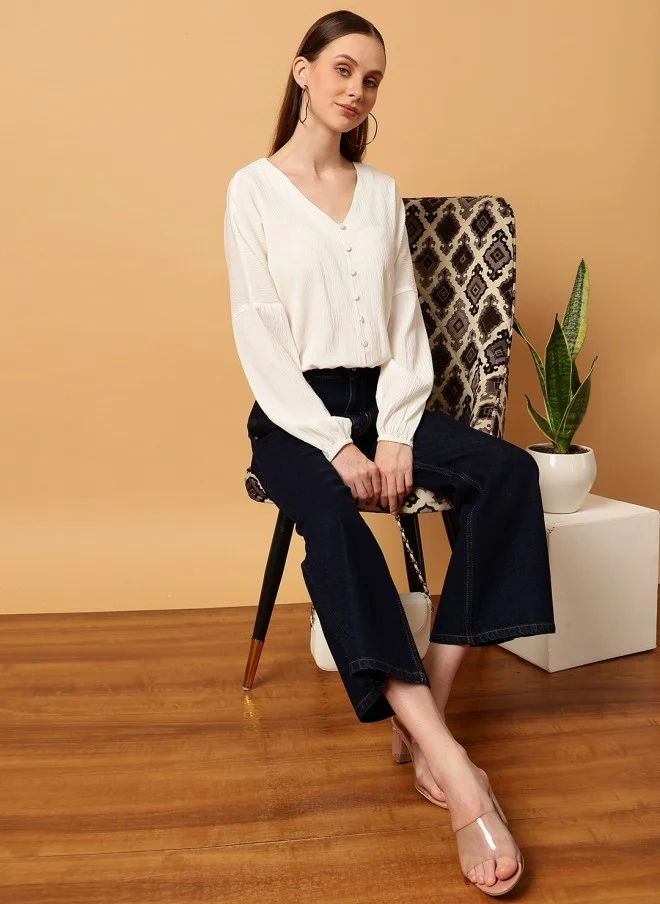 MINT STREET Cream V-Neck Puff Sleeve Top for Women