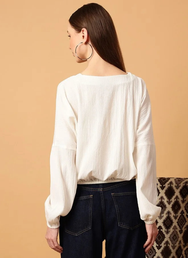 MINT STREET Cream V-Neck Puff Sleeve Top for Women