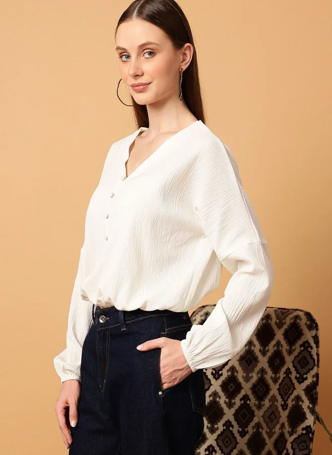 MINT STREET Cream V-Neck Puff Sleeve Top for Women