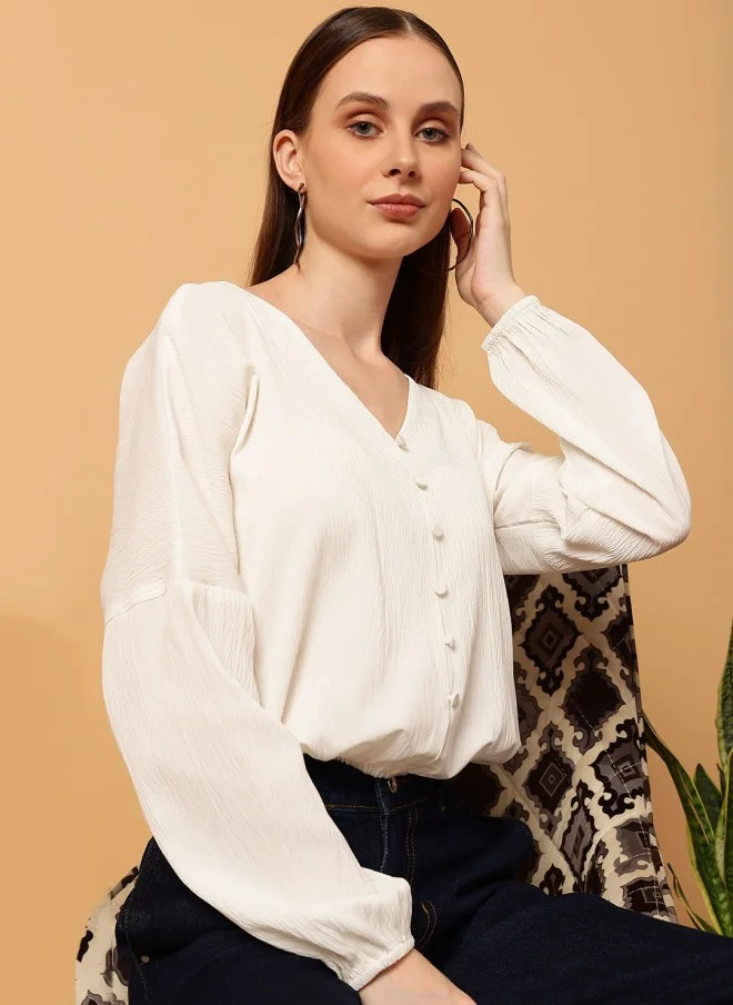 MINT STREET Cream V-Neck Puff Sleeve Top for Women
