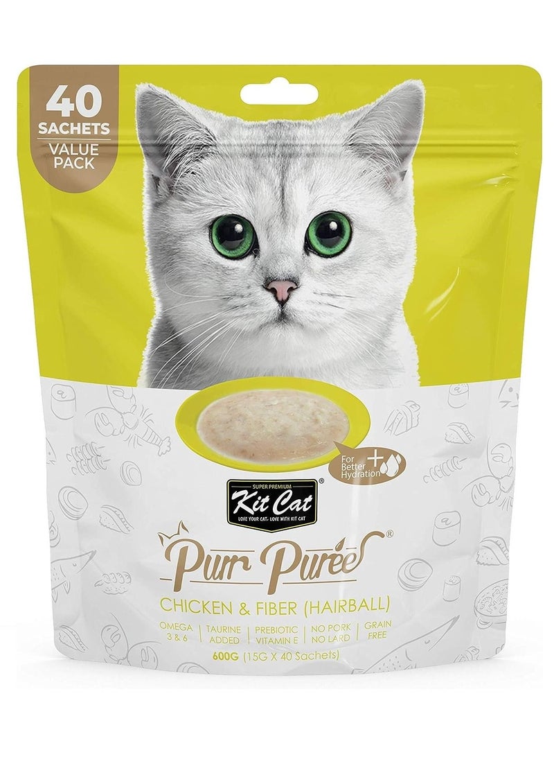 Kit Cat Purr Puree Hairball Chicken And Fiber 40 Sachets Value Pack 600g
