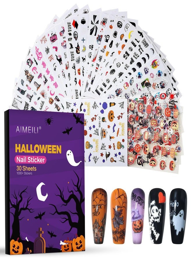 AIMEILI Halloween Nail Stickers - 3D Designs: Ghost, Skull, Spider, Pumpkin - DIY Holiday Nail Art, 30 Sheets - Image 1