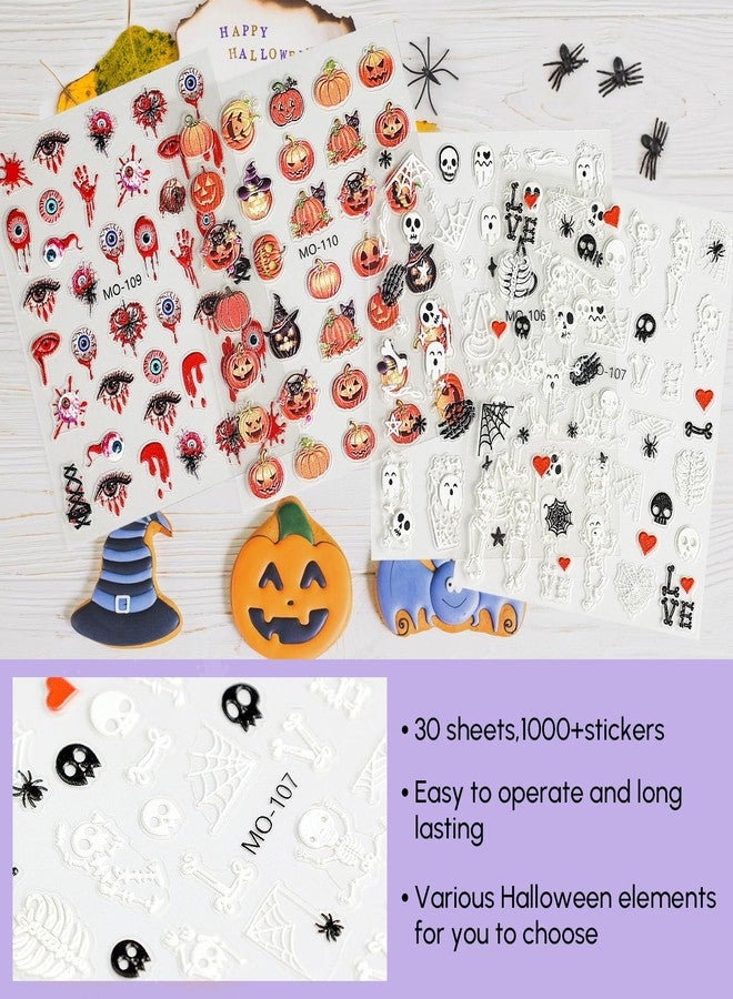 AIMEILI Halloween Nail Stickers - 3D Designs: Ghost, Skull, Spider, Pumpkin - DIY Holiday Nail Art, 30 Sheets - Image 3