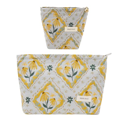 getgto 2 Pcs Makeup Bags, Large Cosmetic Bag Travel Toiletry Bag Organizer for Women, Embroidery Craft, Floral Makeup Bag Small Cosmetic Pouch Purse with Zipper Gifts for Girls Teen - Image 1