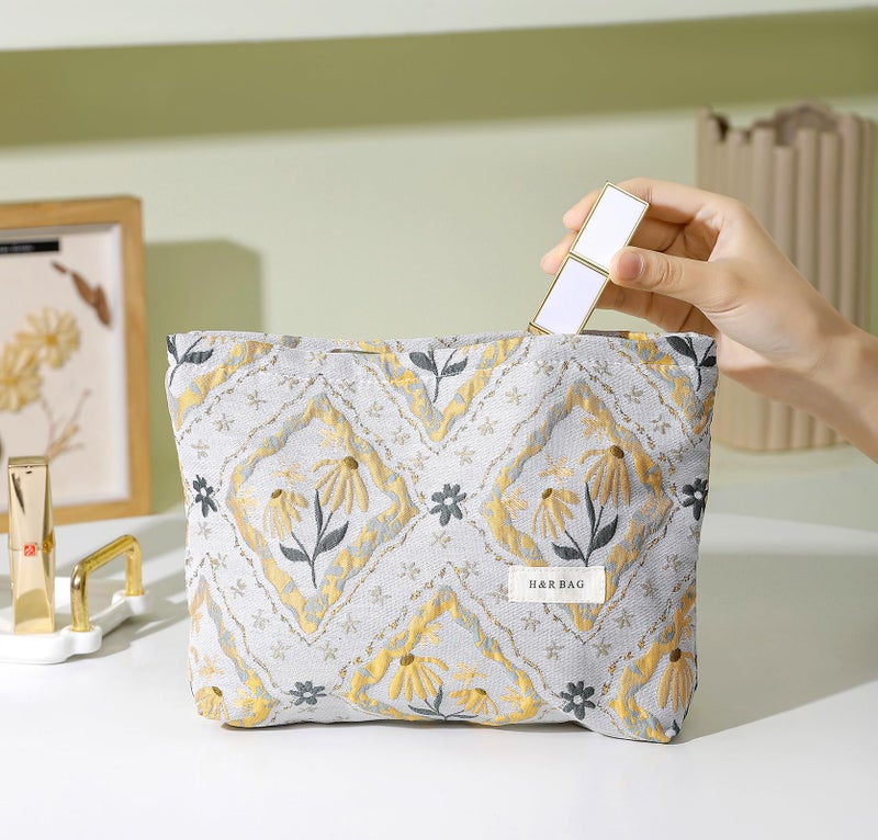 getgto 2 Pcs Makeup Bags, Large Cosmetic Bag Travel Toiletry Bag Organizer for Women, Embroidery Craft, Floral Makeup Bag Small Cosmetic Pouch Purse with Zipper Gifts for Girls Teen - Image 5