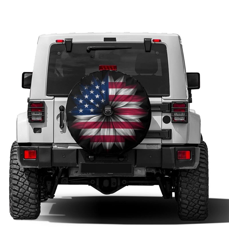 Foruidea USA Flag on Abstract Flower Spare Tire Cover with Backup Camera Hole Wheel Tire Cover Fit Trailer RV SUV and Many Vehicle 17inch - Image 2